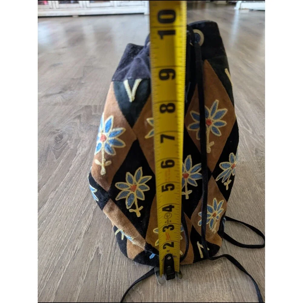 Embroidered Drawstring Suede Floral Bucket Bag - Black & Brown with Blue Flowers